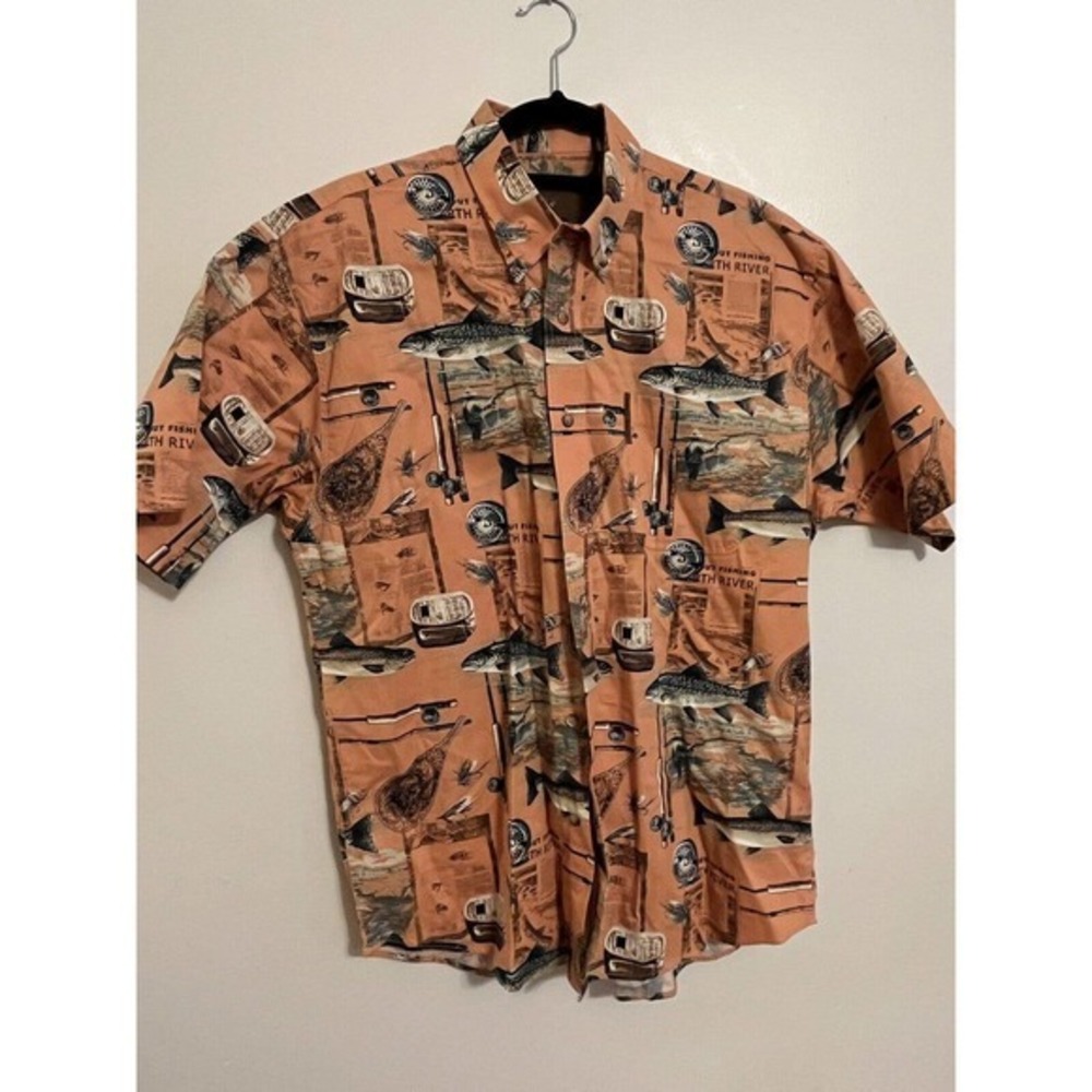 North River‎ Mens Button Down M Medium w/pocket Coral Fish Fisherman Fishing Rod